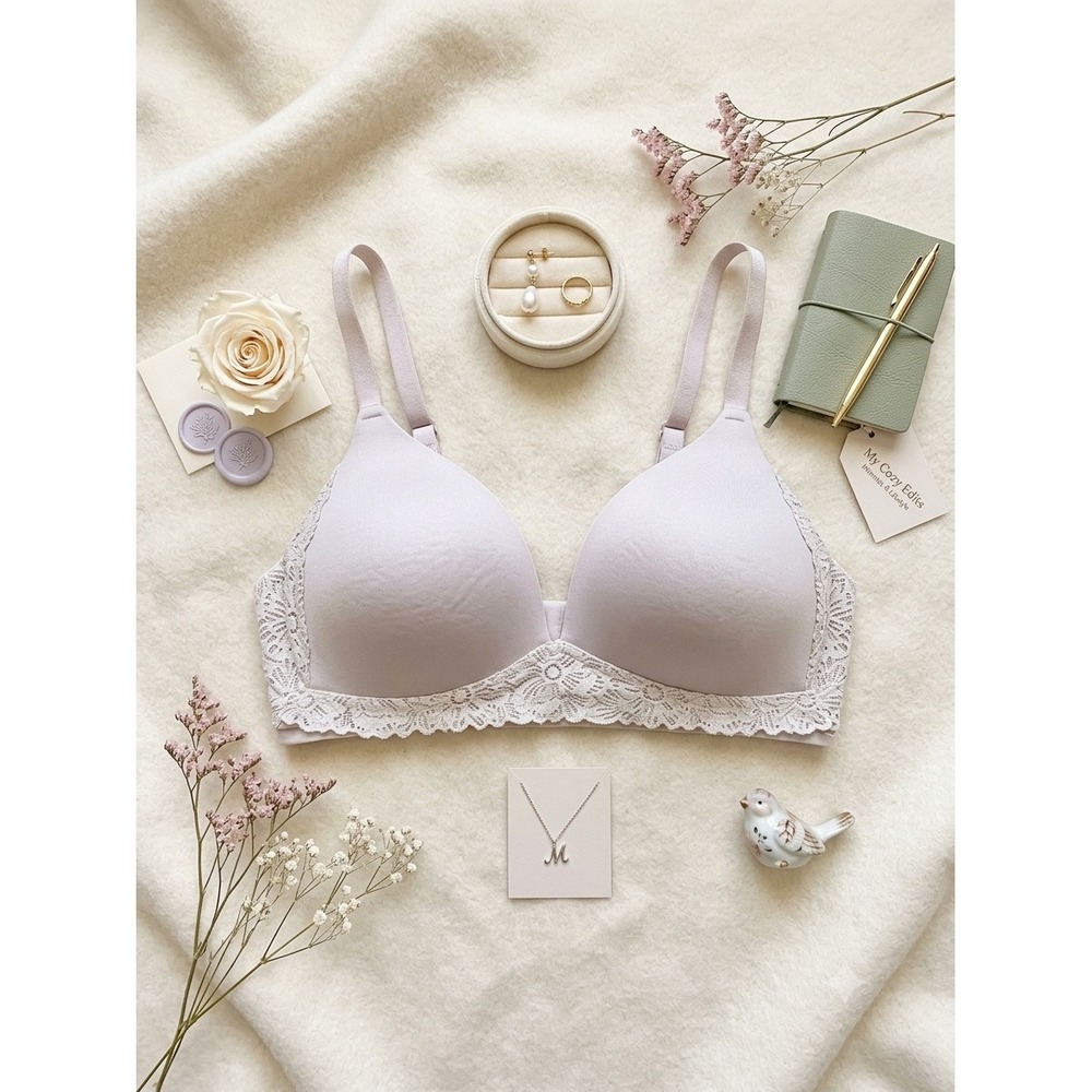 Aerie Real Sunnie Wireless Bra Lavender Grey Floral Lace Trim 34D